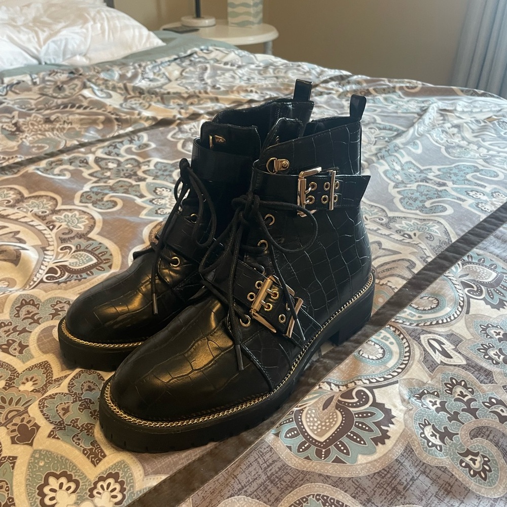 Black Croc-Embossed Lace-Up Ankle Boots